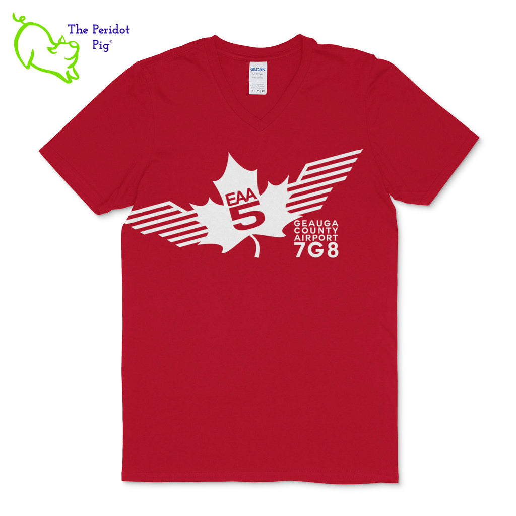 Crafted from a soft and comfortable material, this t-shirt features a loose cut, v-neck collar style and the EAA Chapter 5 logo in your choice of color on the front. You can also chose from three different colors for the shirt. The logo is located on the front and slightly wraps around the side of the shirt. Front view shown in Red with white.