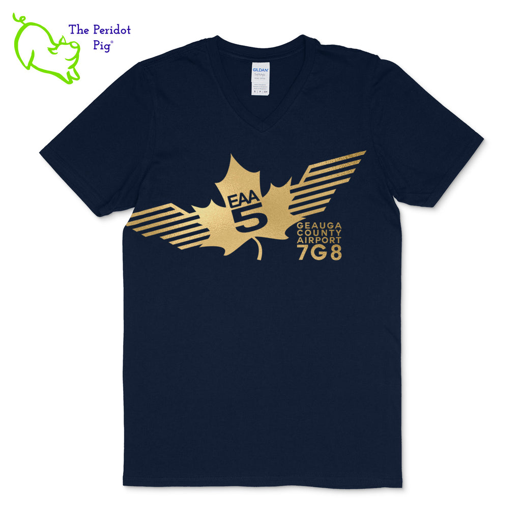 Crafted from a soft and comfortable material, this t-shirt features a loose cut, v-neck collar style and the EAA Chapter 5 logo in your choice of color on the front. You can also chose from three different colors for the shirt. The logo is located on the front and slightly wraps around the side of the shirt. Front view shown in Navy with gold.