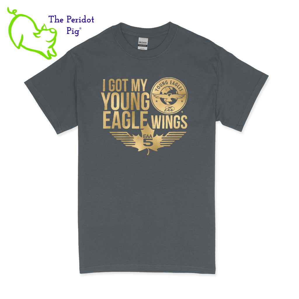 Make your Young Eagles flight a memorable one with this stylish Young Eagles T-Shirt! Choose from five awesome shirt colors and four logo colors, with the iconic Young Eagles logo printed on the front. What a cool way to commemorate your flight! Fly away in fashion! Front view shown in Charcoal with gold.