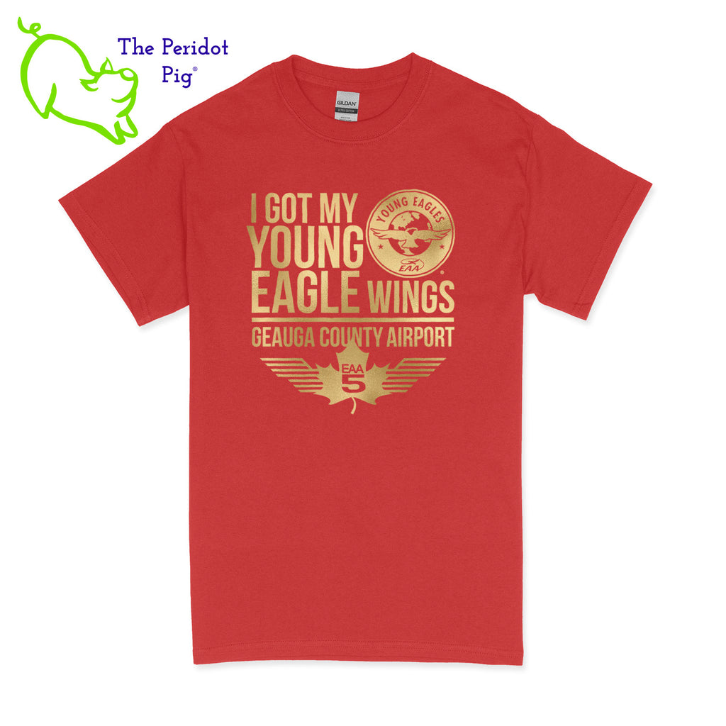 Make your Young Eagles flight a memorable one with this stylish EAA Chapter 5 Young Eagles T-Shirt! Choose from five awesome shirt colors and four logo colors, with the iconic EAA Chapter 5 and Young Eagles logos printed on the front. What a cool way to commemorate your flight! Fly away in fashion! Front view shown in Red with gold.