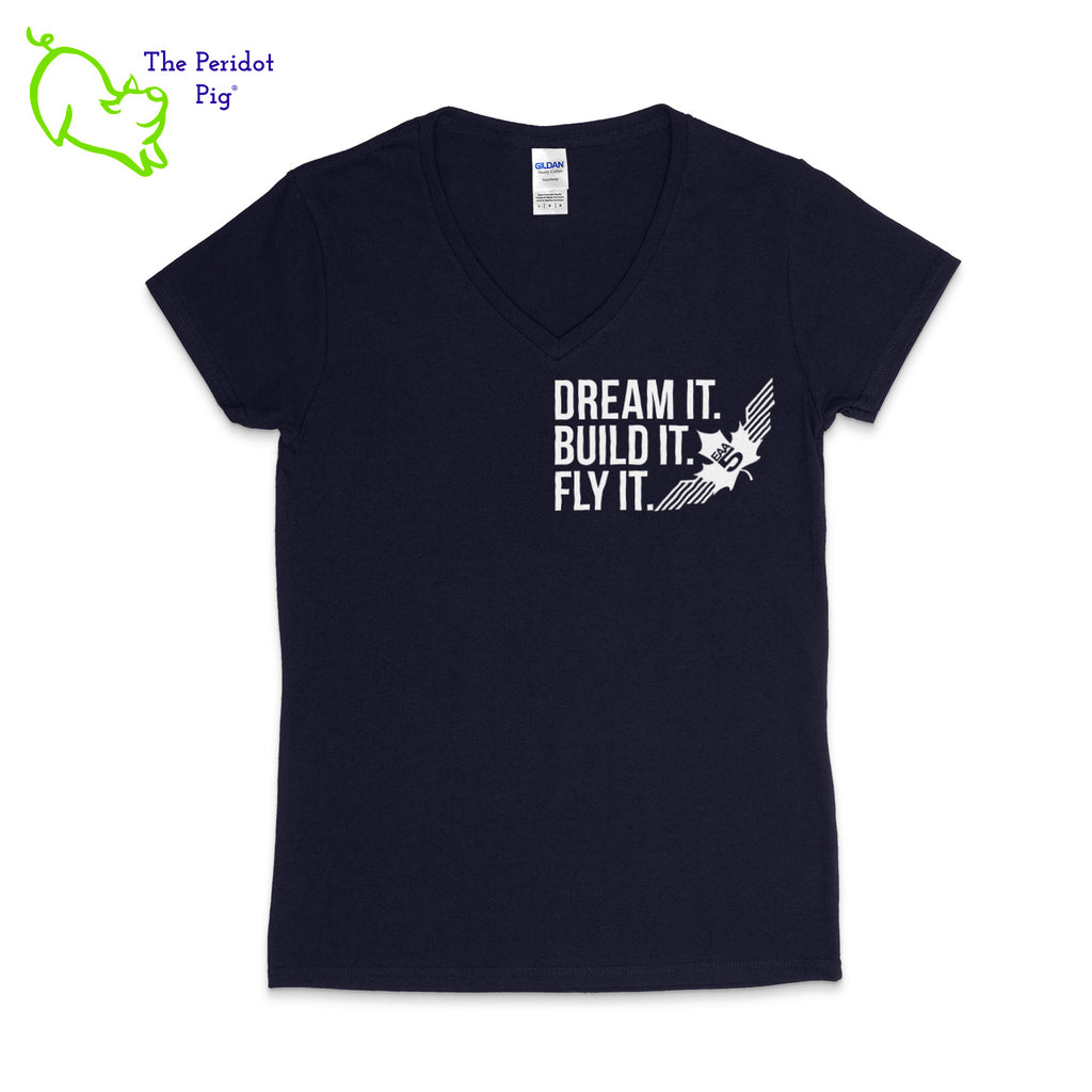 In the true spirit of the EAA Chapter 5, we feature this Dream It t-shirt! Whether you are a member of the Experimental Aircraft Association or just a fan, these shirts are a great add to your wardrobe staples.  Crafted from a soft and comfortable material, this t-shirt features a slimmer cut, v-neck collar style. The text reads, "Dream It. Build It. Fly It." and the EAA Chapter 5 logo in white. You can chose from four different colors for the shirt. Front view in Navy shown.