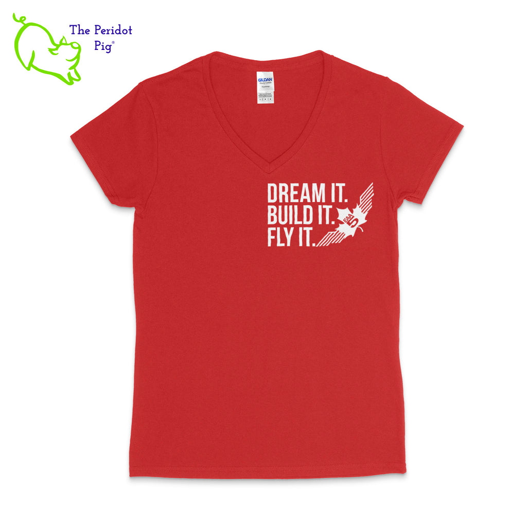 In the true spirit of the EAA Chapter 5, we feature this Dream It t-shirt! Whether you are a member of the Experimental Aircraft Association or just a fan, these shirts are a great add to your wardrobe staples.  Crafted from a soft and comfortable material, this t-shirt features a slimmer cut, v-neck collar style. The text reads, "Dream It. Build It. Fly It." and the EAA Chapter 5 logo in white. You can chose from four different colors for the shirt. Front view in Red shown.