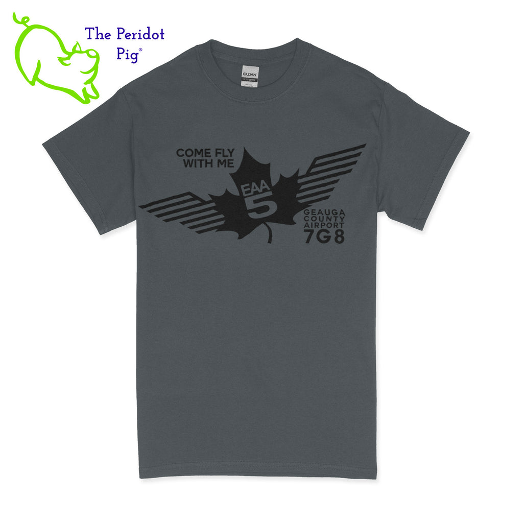 Crafted from a soft and comfortable material, this t-shirt features a loose cut and the EAA Chapter 5 logo in your choice of color on the front. These also have the slogan, "Come Fly With Me". You can also chose from six different colors for the shirt. The back is left blank for a classic, minimalist look. Front view Charcoal-Black shown.