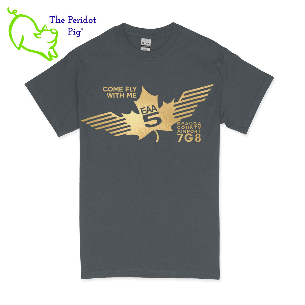 Crafted from a soft and comfortable material, this t-shirt features a loose cut and the EAA Chapter 5 logo in your choice of color on the front. These also have the slogan, "Come Fly With Me". You can also chose from six different colors for the shirt. The back is left blank for a classic, minimalist look. Front view Charcoal-Gold shown.