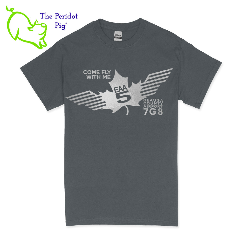Crafted from a soft and comfortable material, this t-shirt features a loose cut and the EAA Chapter 5 logo in your choice of color on the front. These also have the slogan, "Come Fly With Me". You can also chose from six different colors for the shirt. The back is left blank for a classic, minimalist look. Front view Charcoal-Silver shown.