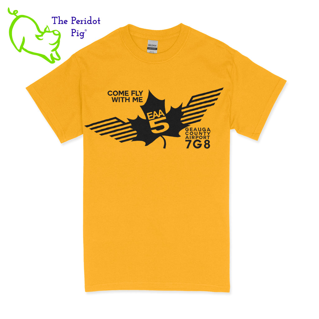 Crafted from a soft and comfortable material, this t-shirt features a loose cut and the EAA Chapter 5 logo in your choice of color on the front. These also have the slogan, "Come Fly With Me". You can also chose from six different colors for the shirt. The back is left blank for a classic, minimalist look. Front view Yellow-Black shown.