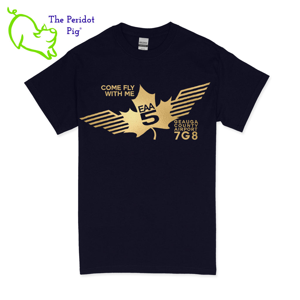 Crafted from a soft and comfortable material, this t-shirt features a loose cut and the EAA Chapter 5 logo in your choice of color on the front. These also have the slogan, "Come Fly With Me". You can also chose from six different colors for the shirt. The back is left blank for a classic, minimalist look. Front view Navy-Gold shown.