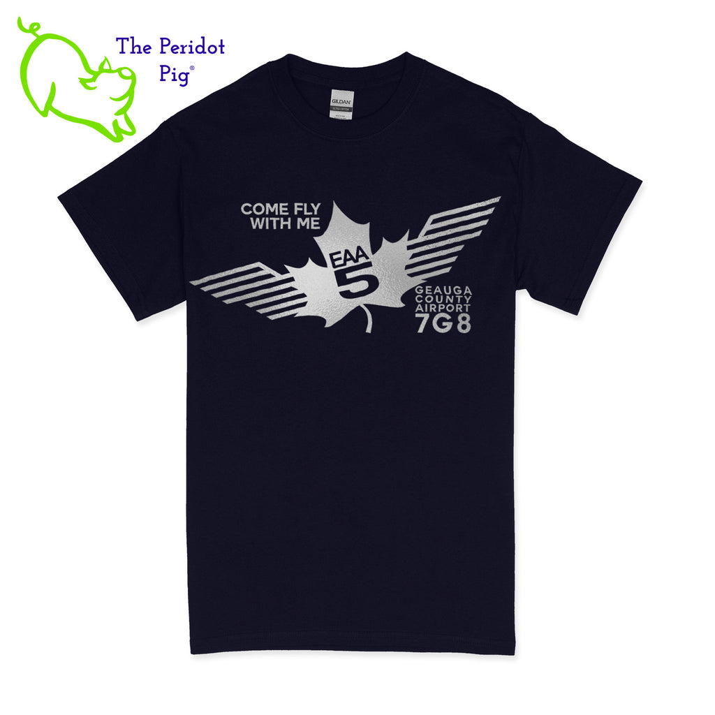Crafted from a soft and comfortable material, this t-shirt features a loose cut and the EAA Chapter 5 logo in your choice of color on the front. The slogan, "Come Fly With Me" is also included. You can also chose from six different colors for the shirt. The back is left blank for a classic, minimalist look. Front view Navy-Silver shown.