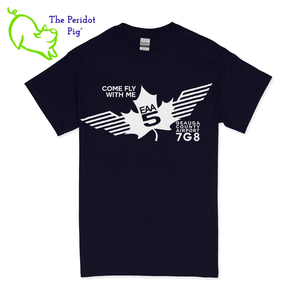 Crafted from a soft and comfortable material, this t-shirt features a loose cut and the EAA Chapter 5 logo in your choice of color on the front. These also have the slogan, "Come Fly With Me". You can also chose from six different colors for the shirt. The back is left blank for a classic, minimalist look. Front view Navy-White shown.