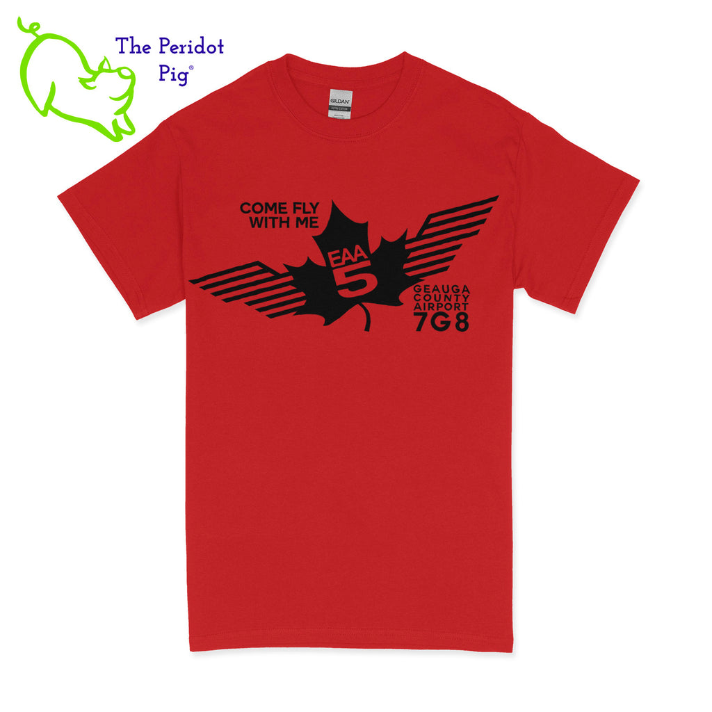 Crafted from a soft and comfortable material, this t-shirt features a loose cut and the EAA Chapter 5 logo in your choice of color on the front. These also have the slogan, "Come Fly With Me". You can also chose from six different colors for the shirt. The back is left blank for a classic, minimalist look. Front view Red-Black shown.