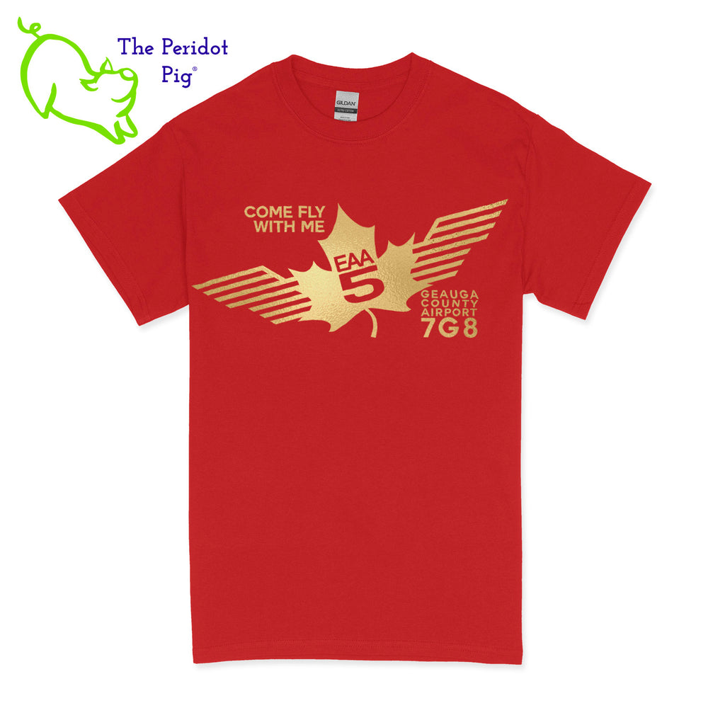 Crafted from a soft and comfortable material, this t-shirt features a loose cut and the EAA Chapter 5 logo in your choice of color on the front. These also have the slogan, "Come Fly With Me". You can also chose from six different colors for the shirt. The back is left blank for a classic, minimalist look. Front view Red-Gold shown.