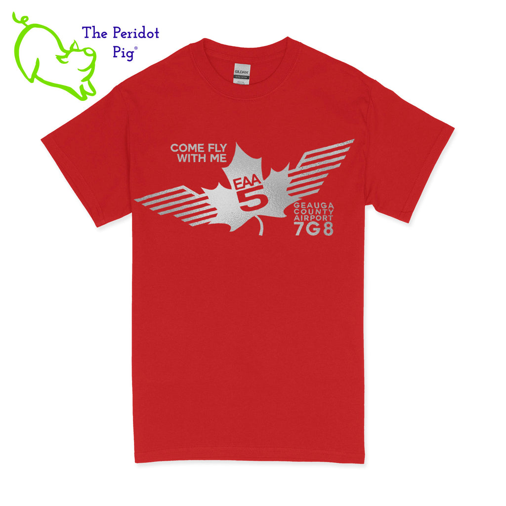 Crafted from a soft and comfortable material, this t-shirt features a loose cut and the EAA Chapter 5 logo in your choice of color on the front. These also have the slogan, "Come Fly With Me". You can also chose from six different colors for the shirt. The back is left blank for a classic, minimalist look. Front view Red-Silver shown.
