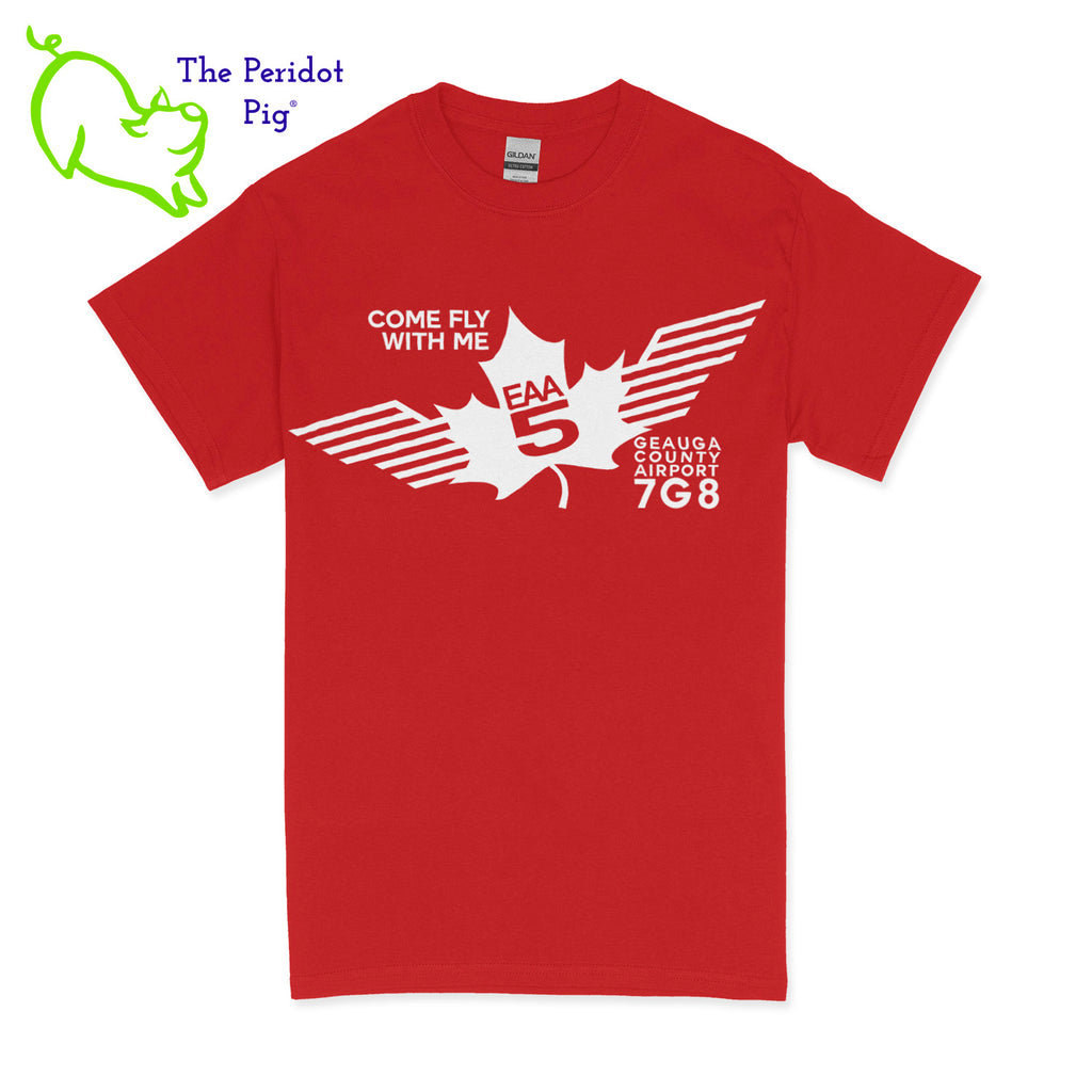 Crafted from a soft and comfortable material, this t-shirt features a loose cut and the EAA Chapter 5 logo in your choice of color on the front. These also have the slogan, "Come Fly With Me". You can also chose from six different colors for the shirt. The back is left blank for a classic, minimalist look. Front view Red-White shown.