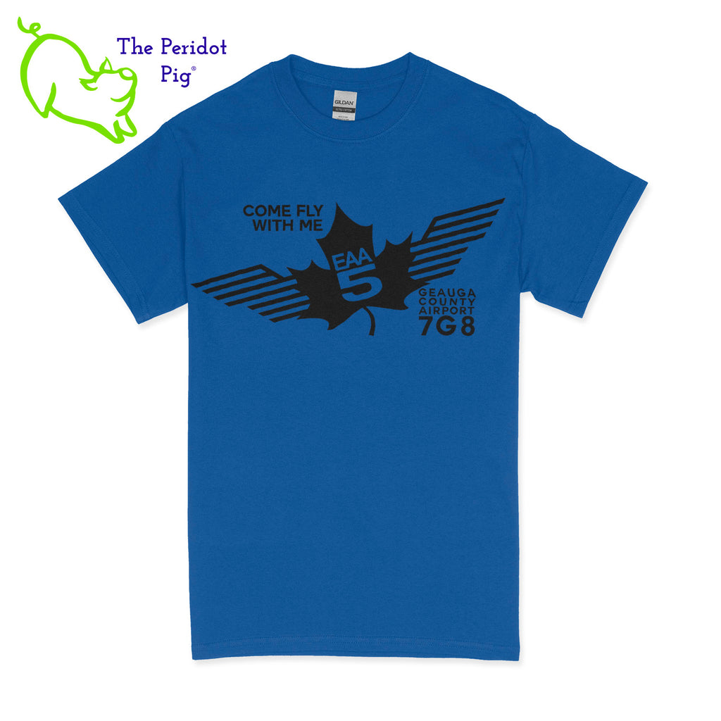Crafted from a soft and comfortable material, this t-shirt features a loose cut and the EAA Chapter 5 logo in your choice of color on the front. These also have the slogan, "Come Fly With Me". You can also chose from six different colors for the shirt. The back is left blank for a classic, minimalist look. Front view Royal-Black shown.