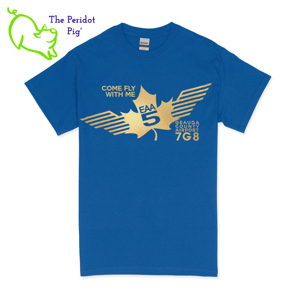 Crafted from a soft and comfortable material, this t-shirt features a loose cut and the EAA Chapter 5 logo in your choice of color on the front. These also have the slogan, "Come Fly With Me". You can also chose from six different colors for the shirt. The back is left blank for a classic, minimalist look. Front view Royal-Gold shown.
