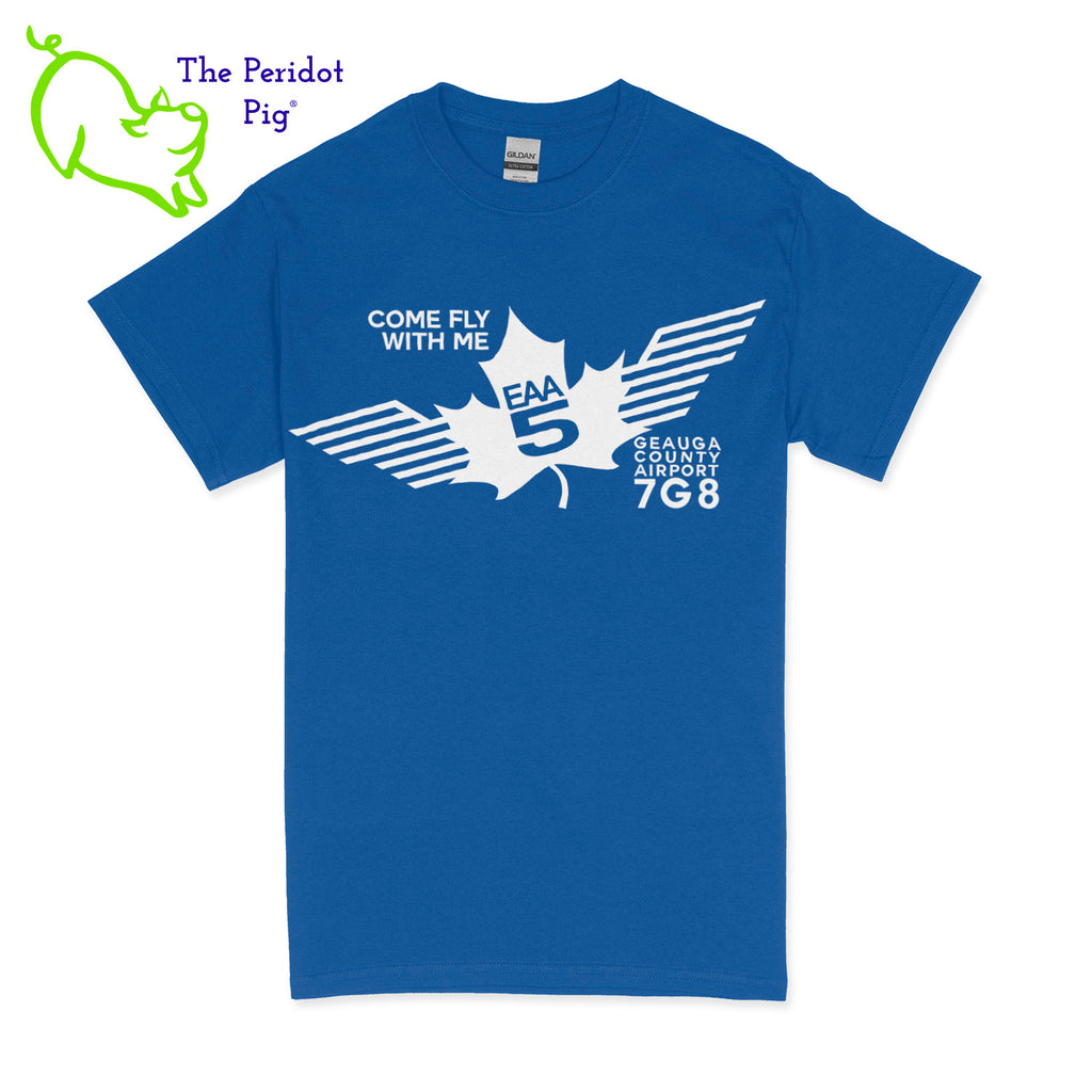 Crafted from a soft and comfortable material, this t-shirt features a loose cut and the EAA Chapter 5 logo in your choice of color on the front. These also have the slogan, "Come Fly With Me". You can also chose from six different colors for the shirt. The back is left blank for a classic, minimalist look. Front view Royal-White shown.