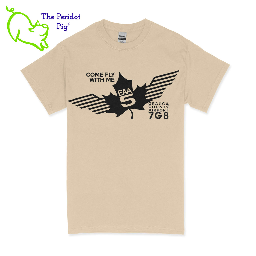 Crafted from a soft and comfortable material, this t-shirt features a loose cut and the EAA Chapter 5 logo in your choice of color on the front. These also have the slogan, "Come Fly With Me". You can also chose from six different colors for the shirt. The back is left blank for a classic, minimalist look. Front view Sand-Black shown.