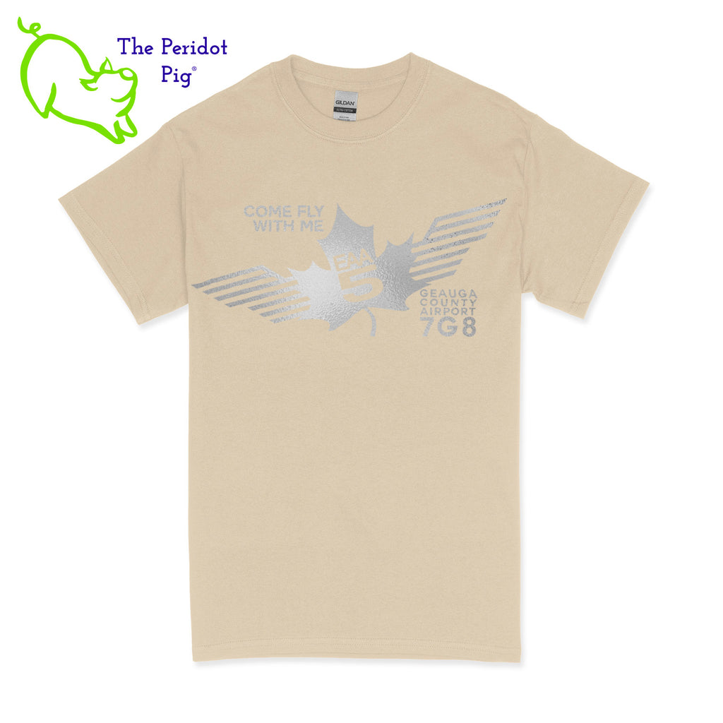 Crafted from a soft and comfortable material, this t-shirt features a loose cut and the EAA Chapter 5 logo in your choice of color on the front. These also have the slogan, "Come Fly With Me". You can also chose from six different colors for the shirt. The back is left blank for a classic, minimalist look. Front view Sand-Silver shown.