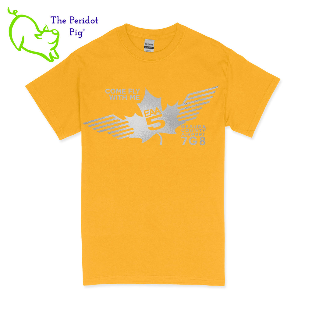 Crafted from a soft and comfortable material, this t-shirt features a loose cut and the EAA Chapter 5 logo in your choice of color on the front. The slogan, "Come Fly With Me" is also included. You can also chose from six different colors for the shirt. The back is left blank for a classic, minimalist look. Front view Yellow-Silver shown.