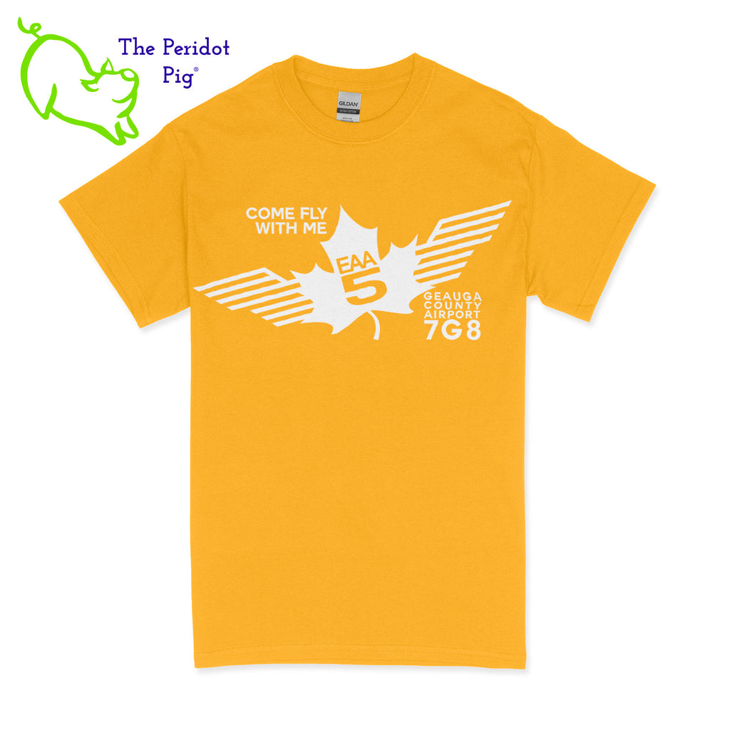 Crafted from a soft and comfortable material, this t-shirt features a loose cut and the EAA Chapter 5 logo in your choice of color on the front. The slogan, "Come Fly With Me" is also included. You can also chose from six different colors for the shirt. The back is left blank for a classic, minimalist look. Front view Yellow-White shown.
