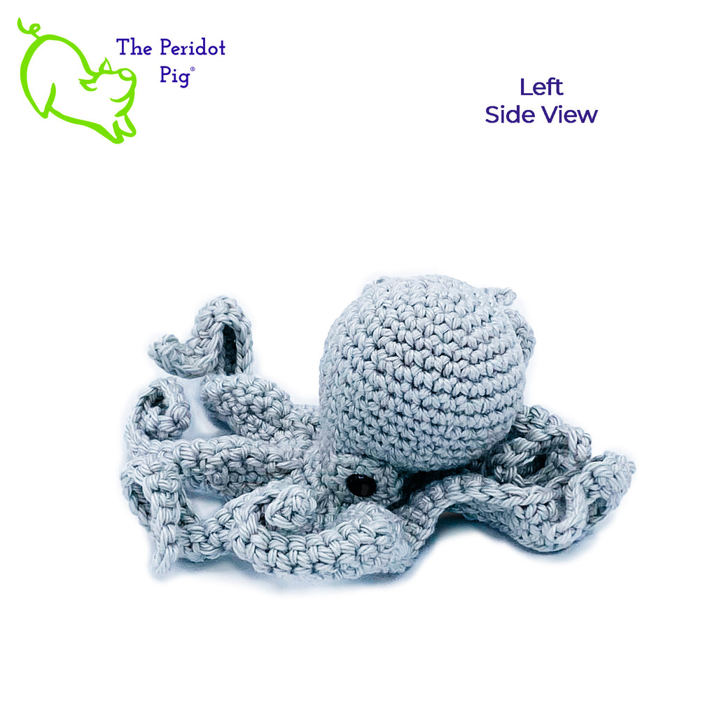Leggy is made from sturdy cotton and is meant to last a life-time.  The safety eyes are securely attached, but for children under 3 please use with supervision. Left view shown in gray.