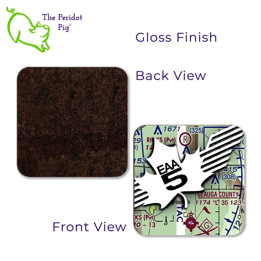 This set of four coasters is printed in bright colors on either a matte or a gloss coaster. All four are the same with the EAA Chapter 5 logo over a map of Geauga County, OH. Gloss finish - front and back view shown.