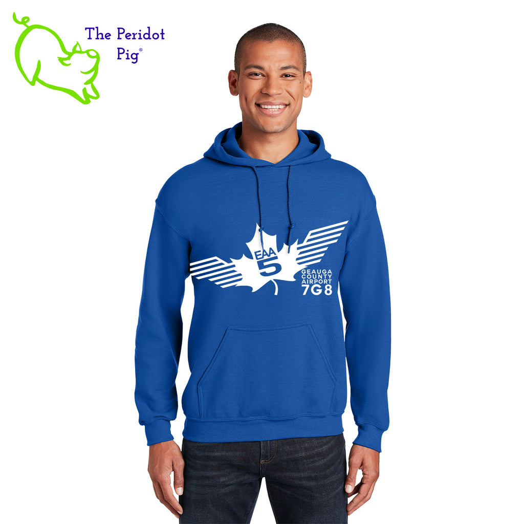 Show your EAA Chapter 5 pride with this stylish pullover hoodie. Whether you are a member of the Experimental Aircraft Association or just a fan, these hoodies are a great add to your wardrobe staples.  Crafted from a soft and comfortable material, this hoodie features a loose cut and the EAA Chapter 5 logo in your choice of color on the front. The back is left blank for a classic, minimalist look. Front view shown in Royal with white logo.
