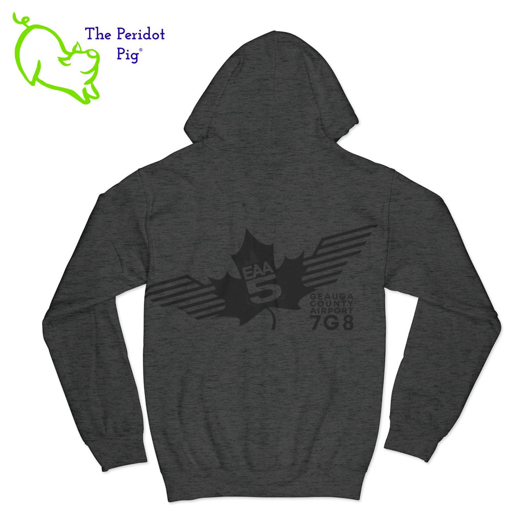 Crafted from a soft and comfortable material, this hoodie features a loose cut and the EAA Chapter 5 logo in your choice of color on the front and back. You can also chose from four different colors for the hoodie. The front has a small logo on the left chest area. The back has the larger version of the logo. Back view shown in Dark Heather Gray with black.