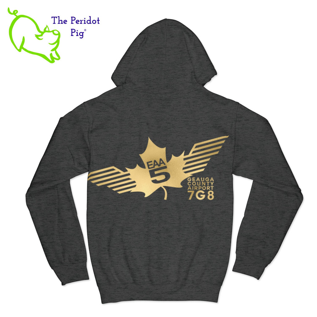 Crafted from a soft and comfortable material, this hoodie features a loose cut and the EAA Chapter 5 logo in your choice of color on the front and back. You can also chose from four different colors for the hoodie. The front has a small logo on the left chest area. The back has the larger version of the logo. Back view shown in Dark Heather Gray with gold.
