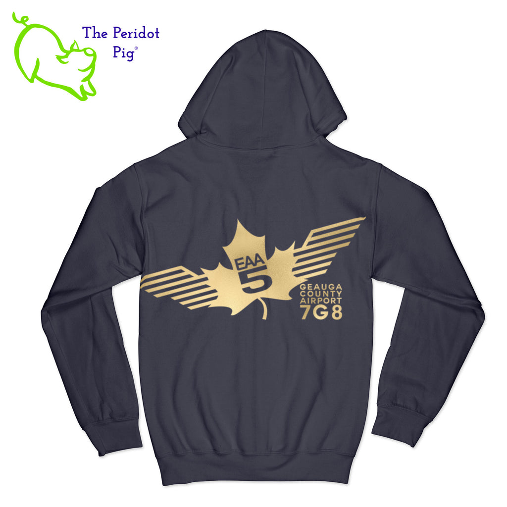 Crafted from a soft and comfortable material, this hoodie features a loose cut and the EAA Chapter 5 logo in your choice of color on the front and back. You can also chose from four different colors for the hoodie. The front has a small logo on the left chest area. The back has the larger version of the logo. Back view shown in Navy with gold.