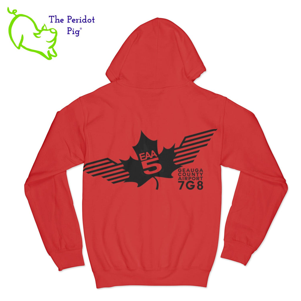 Crafted from a soft and comfortable material, this hoodie features a loose cut and the EAA Chapter 5 logo in your choice of color on the front and back. You can also chose from four different colors for the hoodie. The front has a small logo on the left chest area. The back has the larger version of the logo. Back view shown in Red with black.