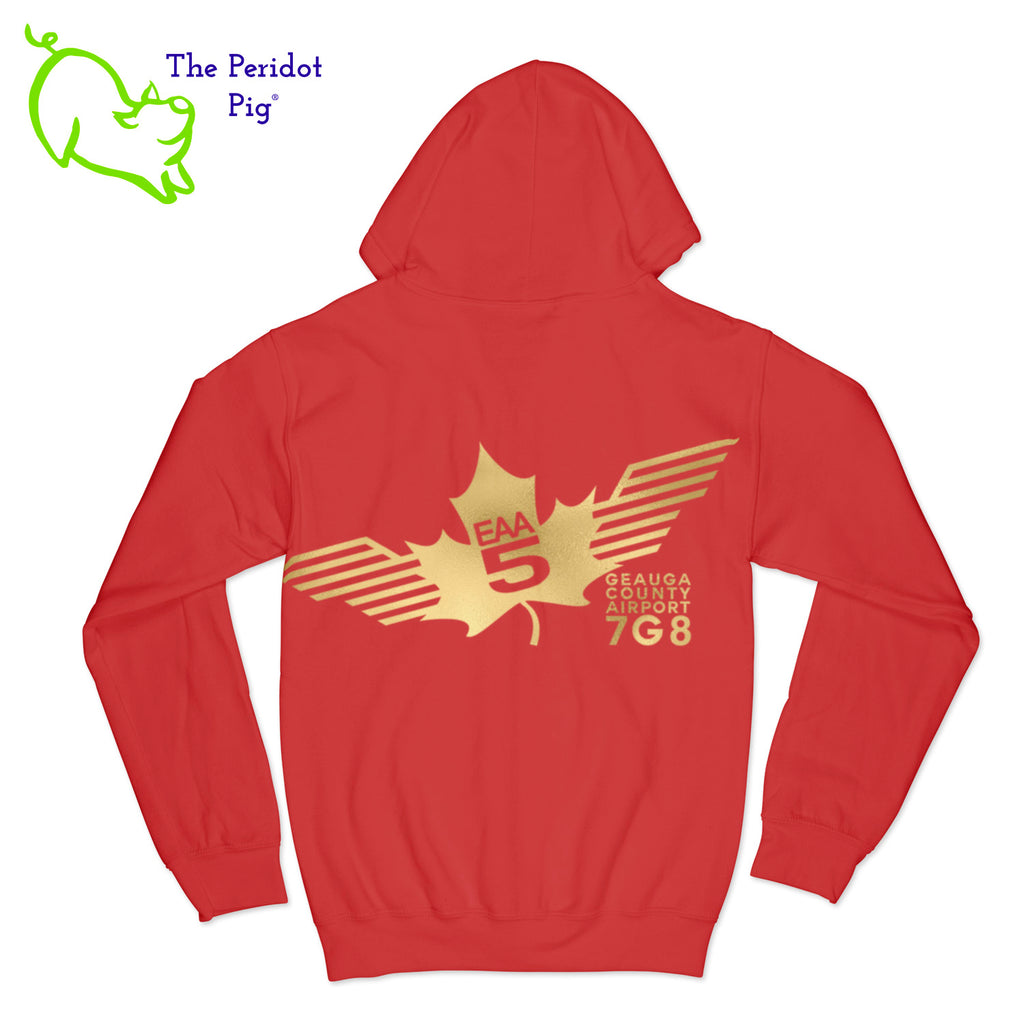 Crafted from a soft and comfortable material, this hoodie features a loose cut and the EAA Chapter 5 logo in your choice of color on the front and back. You can also chose from four different colors for the hoodie. The front has a small logo on the left chest area. The back has the larger version of the logo. Back view shown in Red with gold.