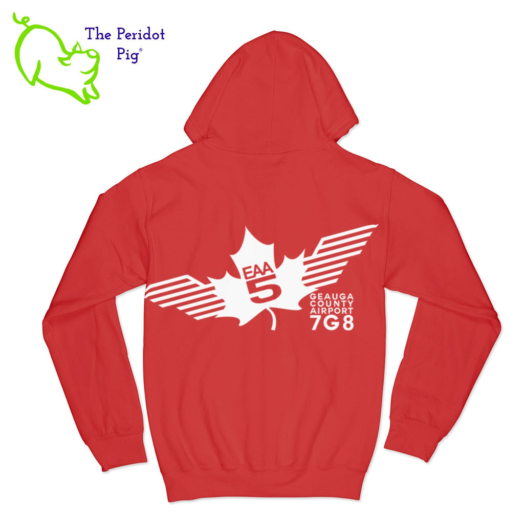 Crafted from a soft and comfortable material, this hoodie features a loose cut and the EAA Chapter 5 logo in your choice of color on the front and back. You can also chose from four different colors for the hoodie. The front has a small logo on the left chest area. The back has the larger version of the logo. Back view shown in Red with white.