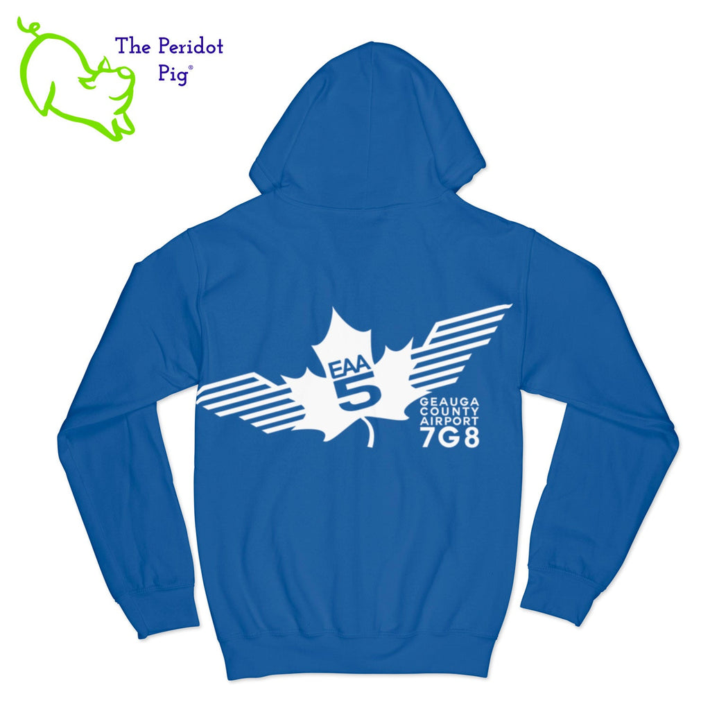 Crafted from a soft and comfortable material, this hoodie features a loose cut and the EAA Chapter 5 logo in your choice of color on the front and back. You can also chose from four different colors for the hoodie. The front has a small logo on the left chest area. The back has the larger version of the logo. Back view shown in Royal with white.