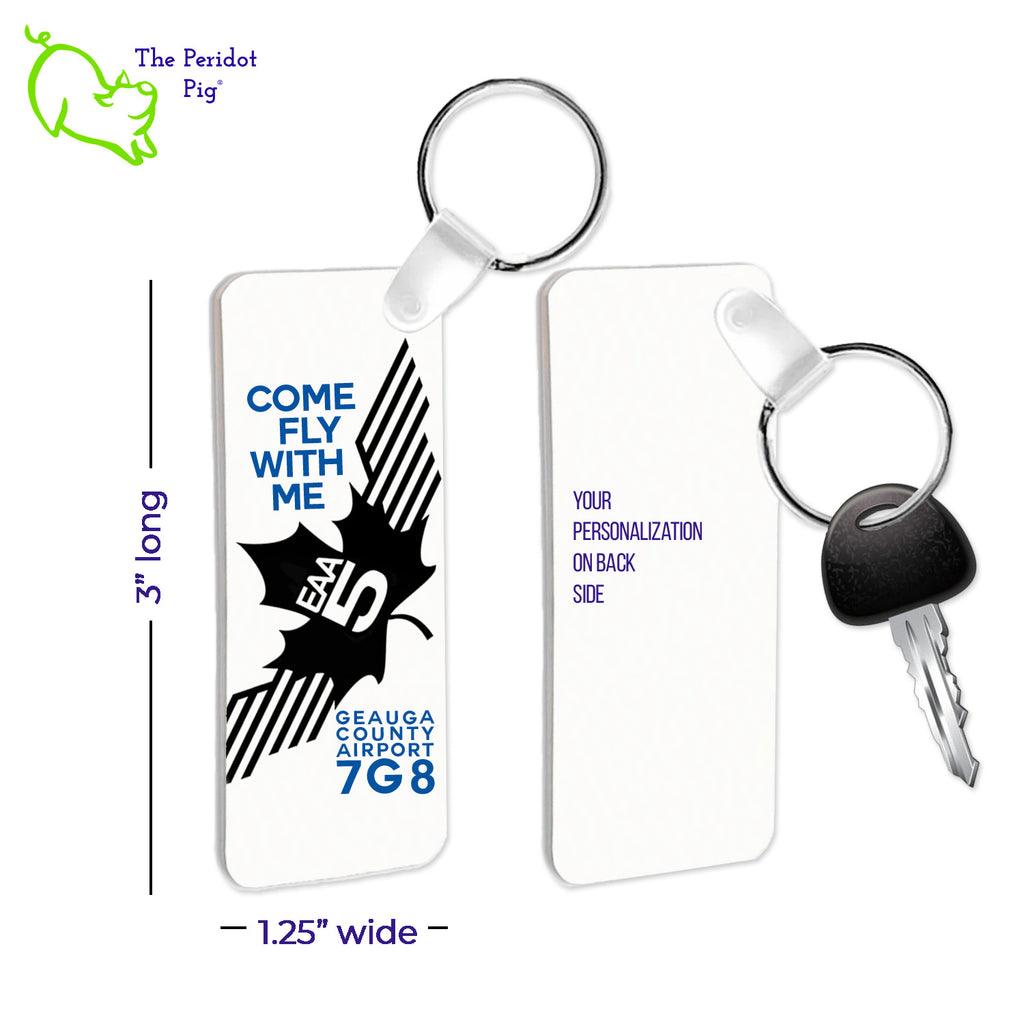 Give your pilot friends the perfect last minute gift: a personalized EAA Chapter 5 Keychain! This key chain is perfect for any set of keys--made from a sturdy FRP plastic, they won't fade, chip, scratch or crease from everyday use. Not to mention, the images on the front and back stay vibrant! An excellent choice for pilots everywhere. Front and back shown with sample text and dimensions.