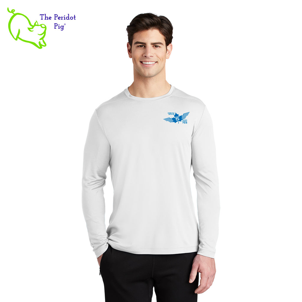 These high-performance, breathable tees have a soft, matte hand and deliver exceptional UV protection, PosiCharge color-locking technology and moisture wicking. These feature the EAA Chapter 5 logo in royal blue printed on the left chest area. Front view shown on model.