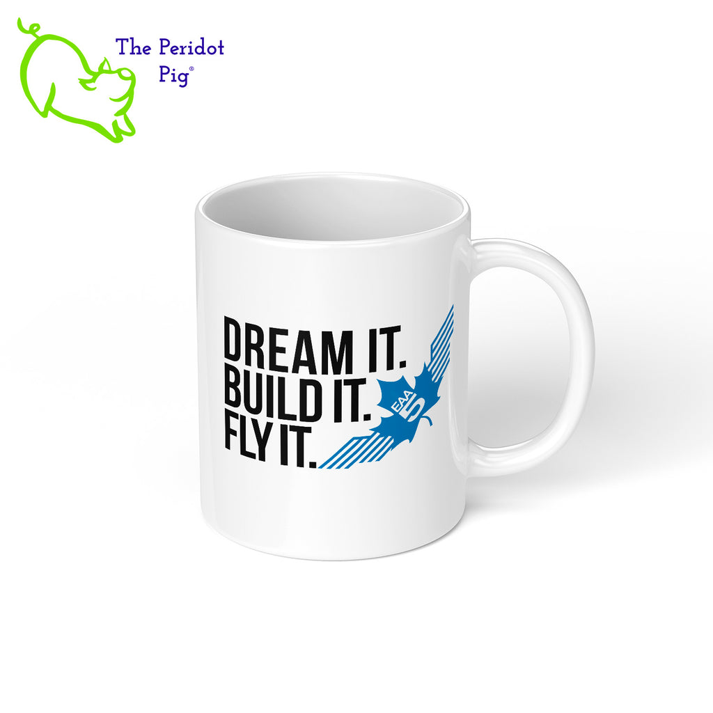 After the caffeine, it's time to fly! This mug features EAA Chapter 5 logo printed in vivid color on a white, glossy ceramic mug. It also includes the saying, "Dream It. Build It. Fly It." The perfect coffee mug for the EAA Chapter 5 member or fan. Right view shown.
