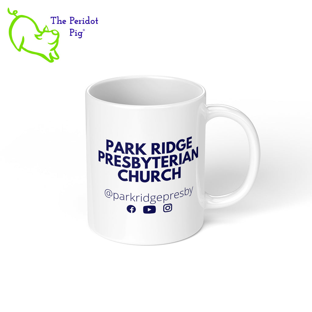 Introducing the stylish Park Ridge Presbyterian mug! Crafted from glossy white ceramic and proudly displaying their logo and name on both sides, this classic mug is the perfect addition to any kitchen. Right view shown.