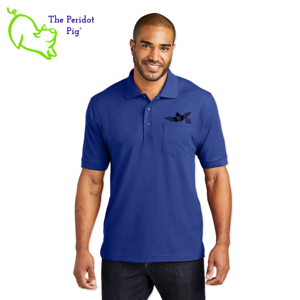 Our popular Silk Touch™ polo—enhanced with a left chest pocket. This one features the EAA Chapter 5 logo above the pocket. Front view shown in Royal-Black.