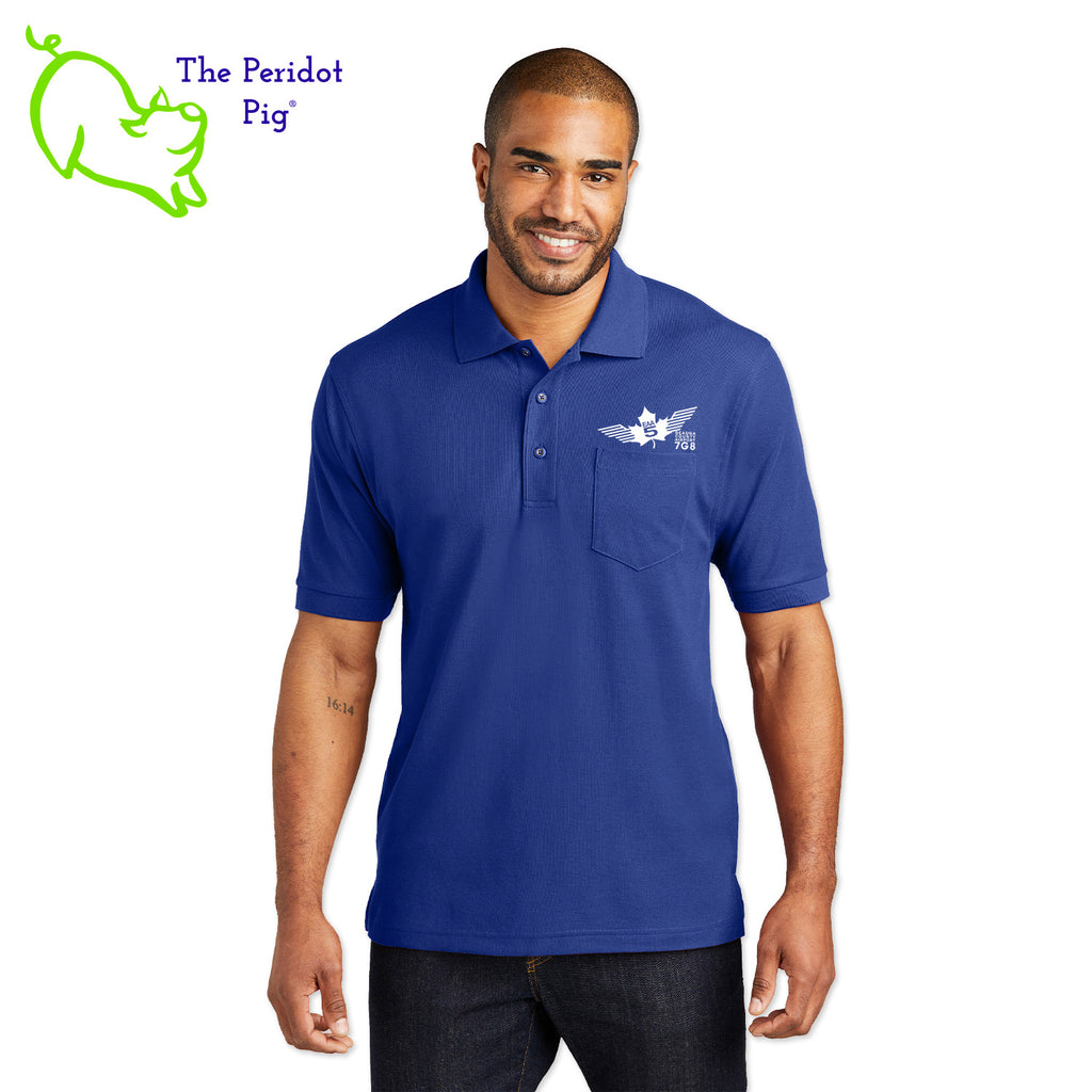 Our popular Silk Touch™ polo—enhanced with a left chest pocket. This one features the EAA Chapter 5 logo above the pocket. Front view shown in Royal-White.