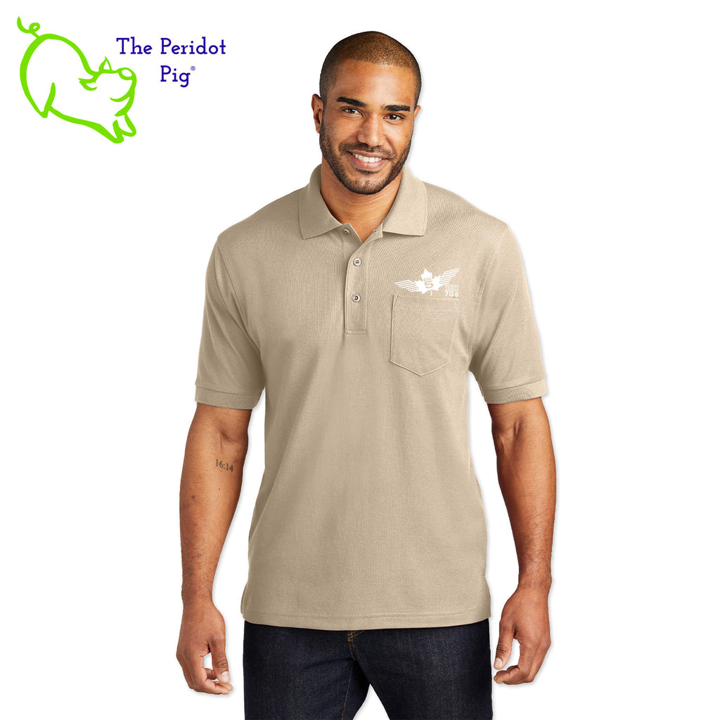 Our popular Silk Touch™ polo—enhanced with a left chest pocket. This one features the EAA Chapter 5 logo above the pocket. Front view shown in Stone-White.