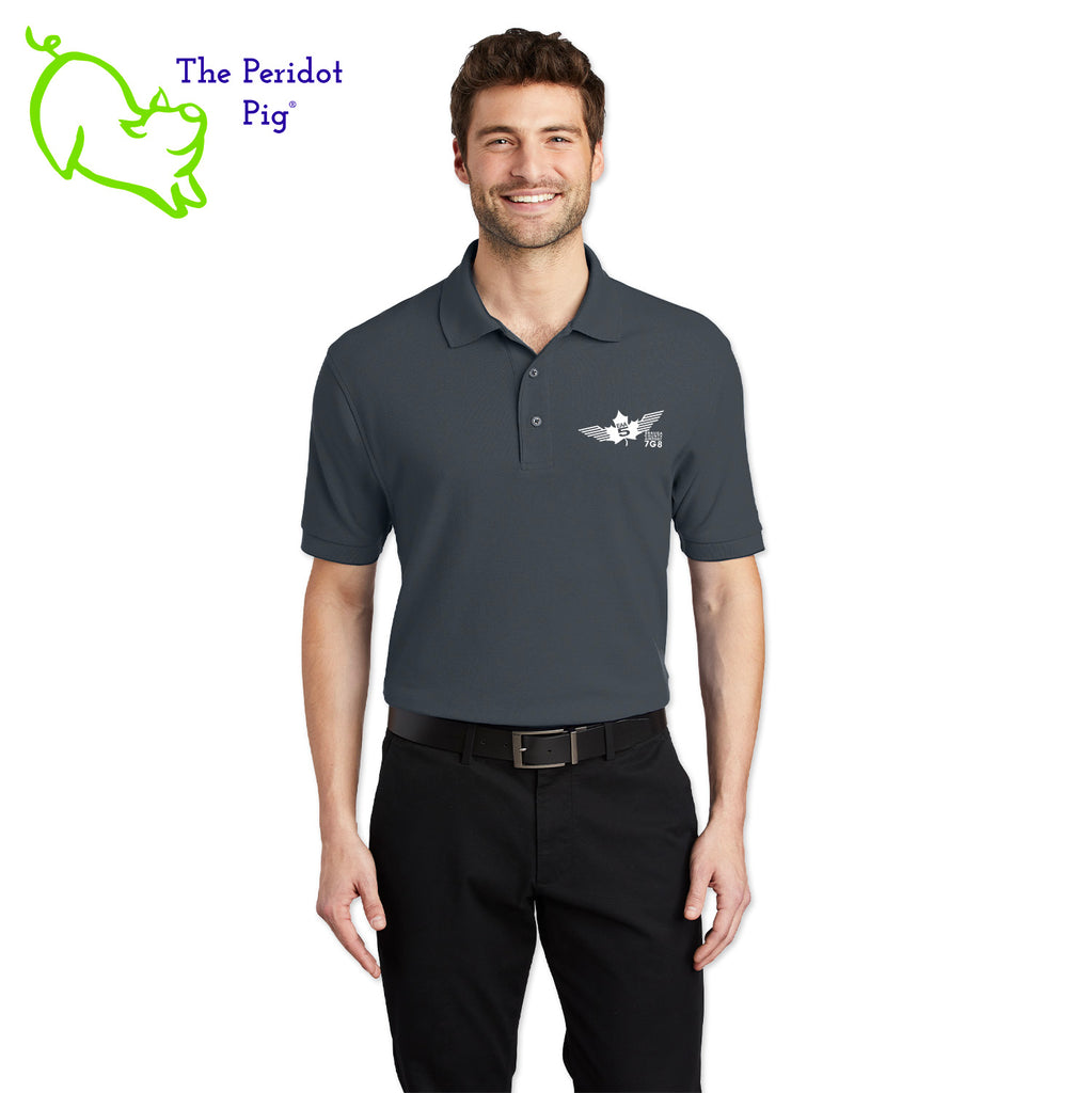 Renowned for its resilience, our incomparably comfortable classic polo is second to none. Expertly designed to resist wrinkles and shrinkage, this must-have polo delivers a luxuriously soft feel. Featuring the iconic EAA Chapter 5 logo on the left chest, you won't ever regret choosing this timeless piece. Front view shown in Charcoal-White.