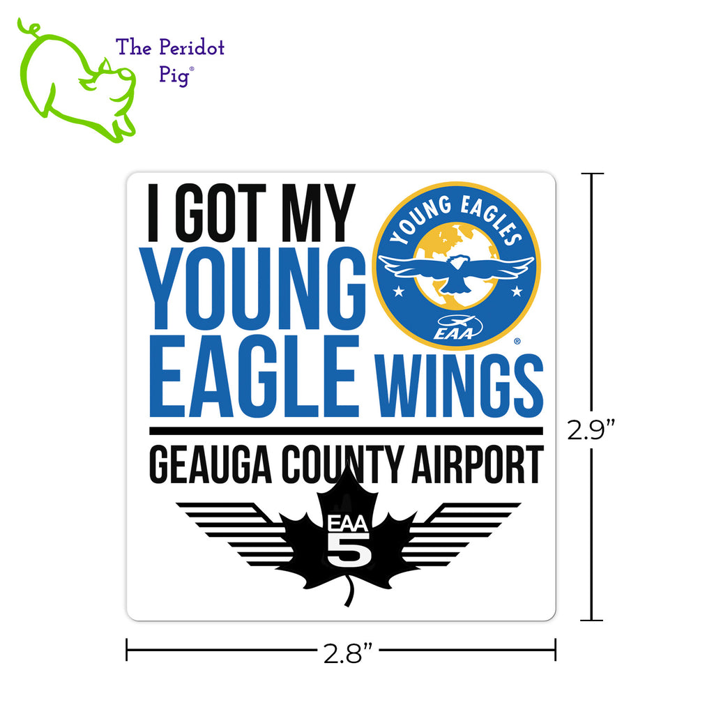 Show off your soaring Young Eagle spirit with these outdoor-rated, 5-year gloss vinyl stickers, designed to make a permanent statement of your passion.  At approximately 3"x 3", they make the perfect accessory for cars, phone cases, or even mugs (just make sure to hand-wash those!). Single sticker shown with dimensions.