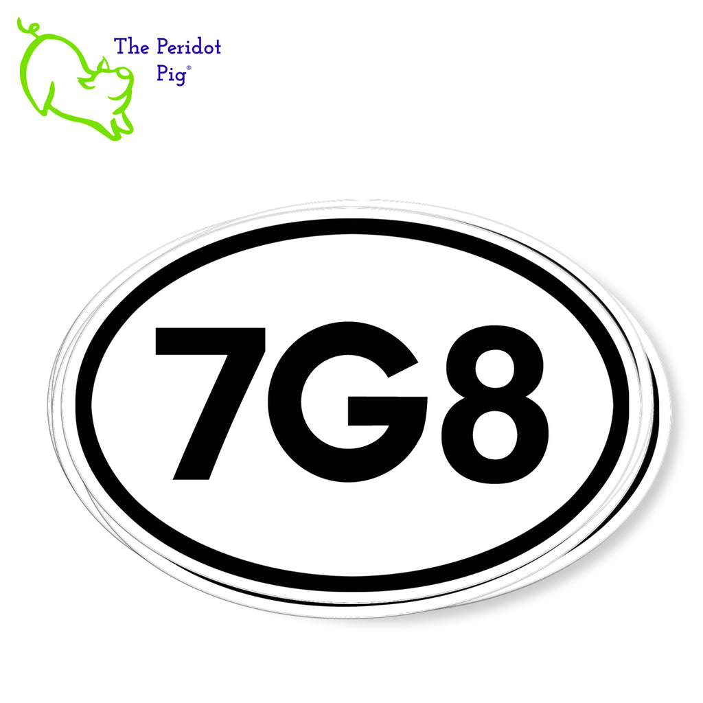 For pilots departing from Geauga County Airport in Middlefield, OH, displaying the FAA identifier, 7G8, on your tumbler, laptop or car is a must! These gloss vinyl stickers are designed to last, featuring a UV-resistant gloss vinyl coating to prevent fading. Measuring 4.8" x 3.3", these oval stickers are the perfect way to show off your aviation pride. A stack of stickers shown.