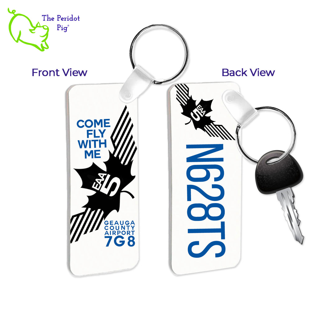 Give your pilot friends the perfect last minute gift: a personalized EAA Chapter 5 Keychain! This key chain is perfect for any set of keys--made from a sturdy FRP plastic, they won't fade, chip, scratch or crease from everyday use. Not to mention, the images on the front and back stay vibrant! An excellent choice for pilots everywhere. Front and back shown with sample text including tail number.