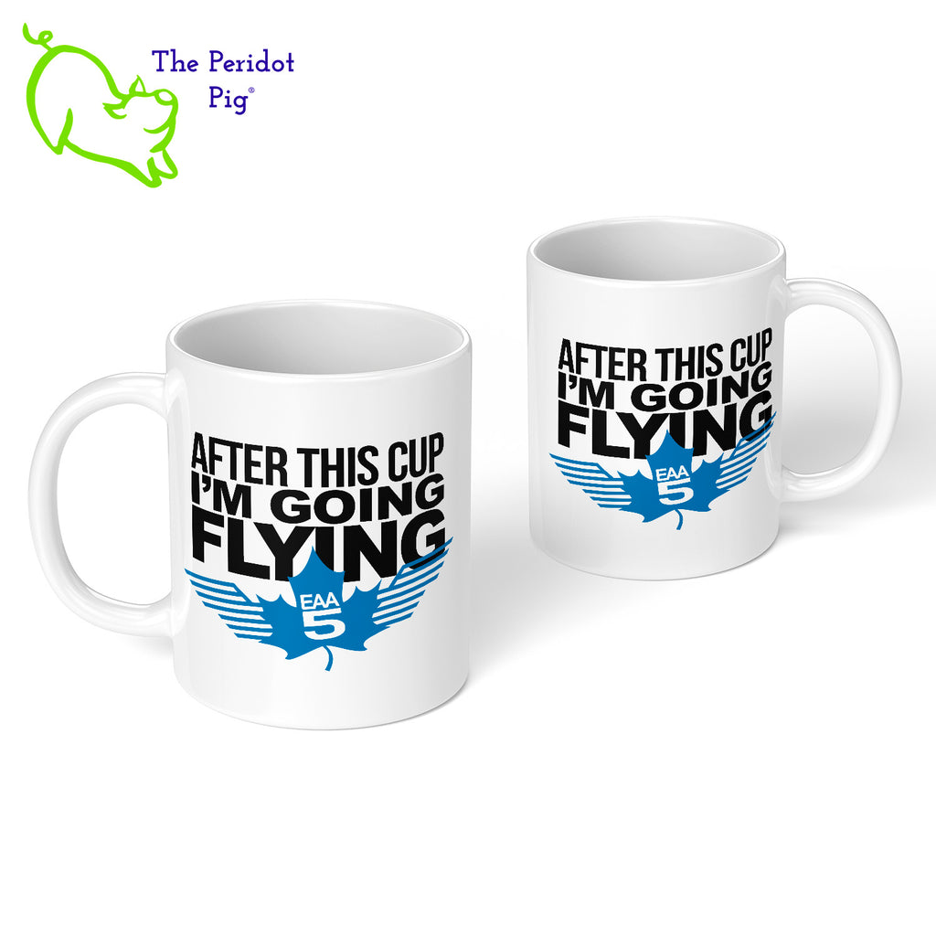 After the caffeine, it's time to fly! This mug features EAA Chapter 5 logo printed in vivid color on a white, glossy ceramic mug. The perfect coffee mug for the EAA Chapter 5 member or fan. Front and back view shown.