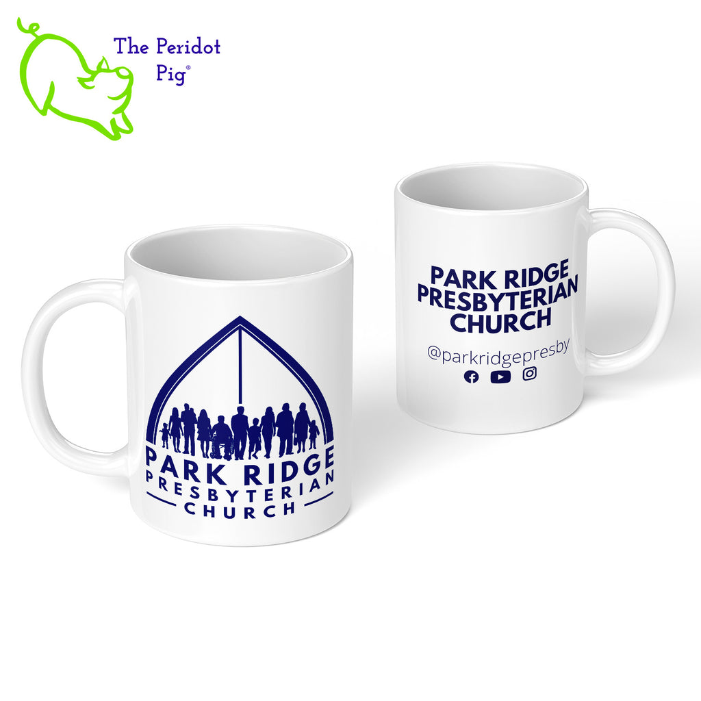 Introducing the stylish Park Ridge Presbyterian mug! Crafted from glossy white ceramic and proudly displaying their logo and name on both sides, this classic mug is the perfect addition to any kitchen. Front and back view shown.