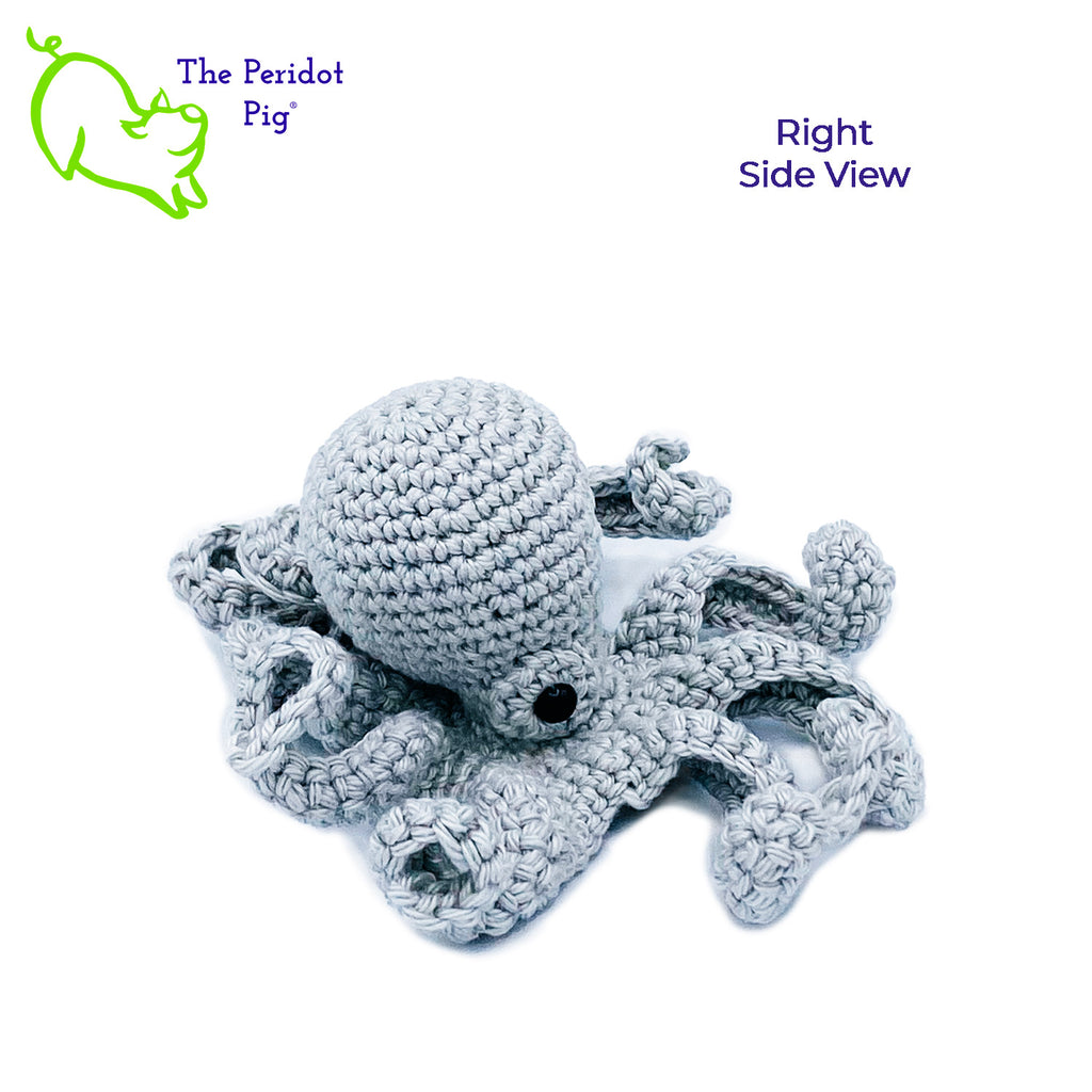 Leggy is made from sturdy cotton and is meant to last a life-time.  The safety eyes are securely attached, but for children under 3 please use with supervision. Right view shown in gray.