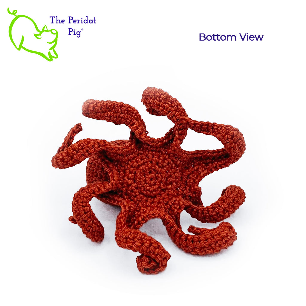 Leggy is made from sturdy cotton and is meant to last a life-time.  The safety eyes are securely attached, but for children under 3 please use with supervision. Bottom view shown in orange.