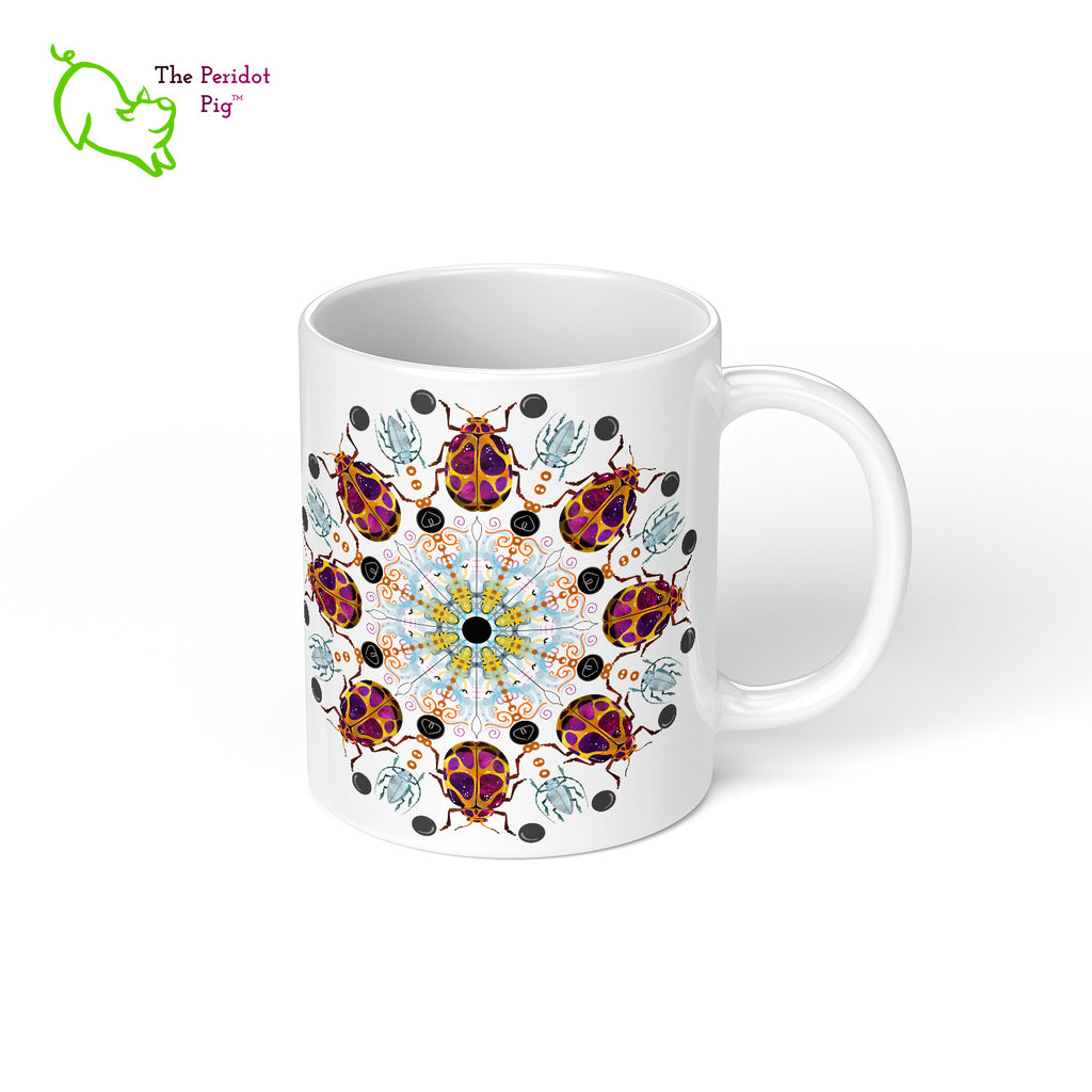 A colorful mandala of beetles graces this 11 oz mug. Printed on a glossy white mug, these bugs really pop! Right view.